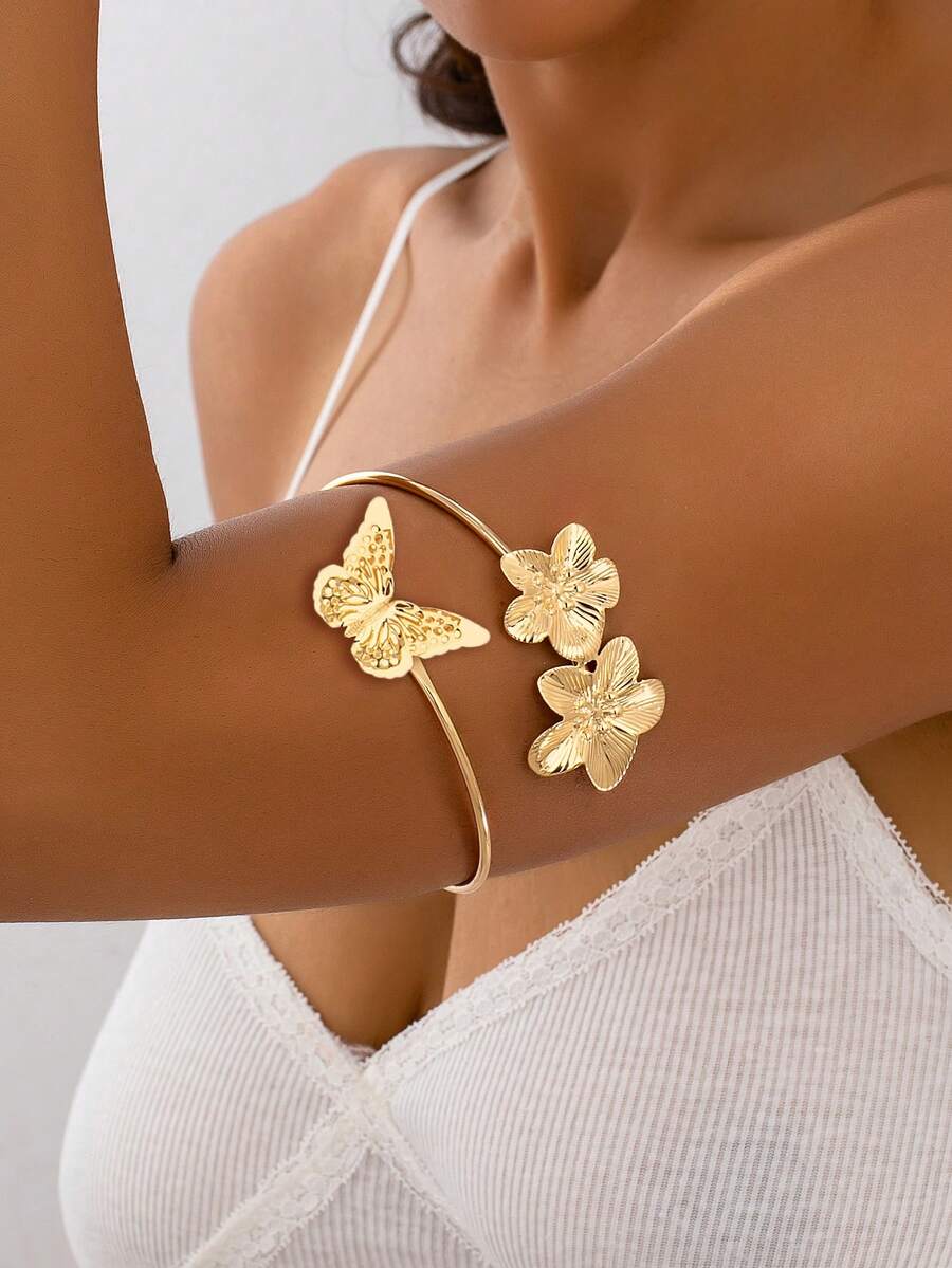 1 件复古优雅镂空蝴蝶和花朵臂袖手镯女士