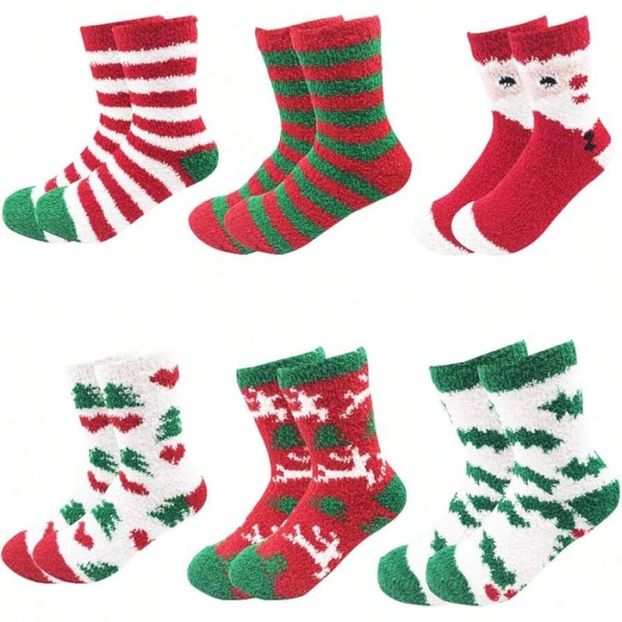 6 Pairs Adult Christmas Holiday Socks - Warm, Cozy Fuzzy Socks With Plus Size And Anti-Slip Bottom