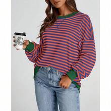 Womens Oversized Striped Sweatshirt Crewneck Long Sleeve Pullover Top Casual Y2K Spring Clothes 2026 Workout Shirt,Vacation Outfits Women,Valentine Outfits For Women,Street Photography - 皇家藍橙色 - 查看 7