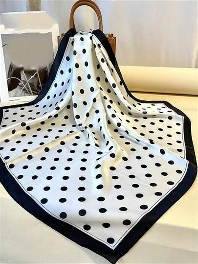 1pc Women's Luxury Elegant Polka Dot Print 27.6"X27.6" Silk Bandana Scarf, Spring For Dress