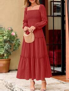 PRETTYGARDEN Women Elegant  Maxi Dresses For Fall Boho Long Sleeve Smocked A Line Ruffle  Wedding Guest Holiday Party Long Dress With Pockets New Years Valentine Vacation Spring Dresses For Women Vestidos Elegantes De Mujer - 紅色 - 查看 6