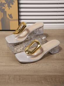 Plus Size Women's Square Toe Ankle Strap Wedge Sandals, White Transparent Pearl Decor, Comfortable Non-Slip Suitable For Party, Beach, Home And Outdoor Wear