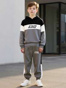 2pcs Boys King Letter Print Hooded Sweatshirt And Pants Set, Long Sleeve Top And Casual Sports Trousers, Fashion Sportswear For Tween Boys