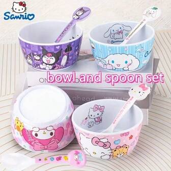  2 件 Sanrio Hello Kitty & Kuromi 碗勺套装 - 可爱卡通食品容器，适用于大学宿舍和家庭厨房，塑料，可爱的肉桂卷设计