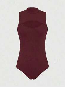 Women's Bodysuit With High Neck And Cutouts, Ideal For Summer Use - 酒紅色 - 查看 3