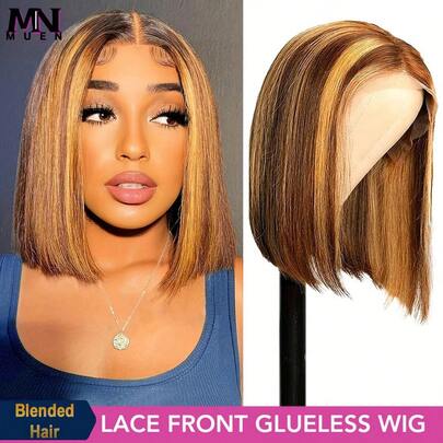 200% 密度挑染金发直发短鲍勃蕾丝前假发混合发质 13x4 高清挑染渐变骨直发短鲍勃蕾丝前假发 8-34 英寸挑染蜂蜜金色长直发假发适合日常使用预拔预剪自然发际线带婴儿毛发