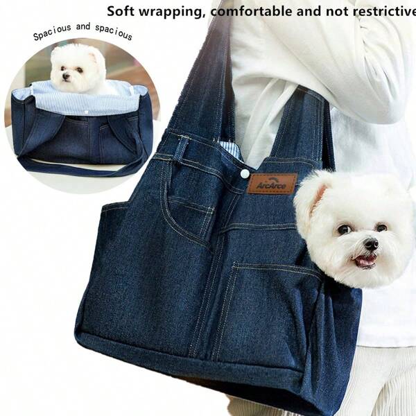 Borsa per trasporto cani in denim con tasche, borsa portatile a tracolla per cani Teddy, gatti e animali domestici, zaino per esterni con design a apertura ampia