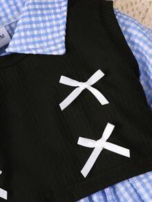 3件套女婴休闲套装，格子长袖衬衫搭配马甲外套和喇叭裤，适合日常休闲和户外穿着，夏季 - 藍色 - 查看 5