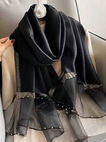 1pc Women Black Solid Faux Pearl Beaded Mulberry Silk & Wool Blend Warm Shawl, Elegant Pearl Double Row Scarf Suitable For Men/Women, Spring/Summer Travel Sun Protection, Autumn/Winter Warm Shawl Decor Accessory, Gift For Friends And Family - Black - View 13