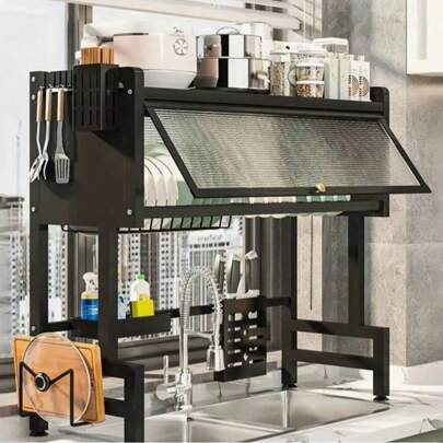 Escurreplatos de 3 niveles sobre el fregadero con puerta de armario, organizador de almacenamiento multifuncional para el fregadero de la cocina, soporte escurridor de encimera para tazones, tazas, platos y utensilios