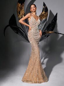 Glamouröses paillettenbesetztes, perlenbesticktes ärmelloses Meerjungfrauenkleid mit V-Ausschnitt (stark verziert) - Champagnerfarben - Übersicht 7