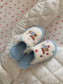 XIXITIAO 1 双可爱波尔卡圆点狗卡通趣味毛绒家居拖鞋，时尚舒适铃铛小狗波尔卡圆点图案平底鞋，男女通用保暖一脚蹬拖鞋 - 藍色 - 查看 11