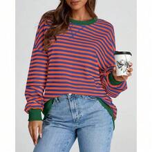Womens Oversized Striped Sweatshirt Crewneck Long Sleeve Pullover Top Casual Y2K Spring Clothes 2026 Workout Shirt,Vacation Outfits Women,Valentine Outfits For Women,Street Photography - 皇家藍橙色 - 查看 6