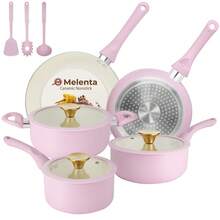 M MELENTA Pots And Pans Set Non Stick, 11 Piece Ceramic Induction Hob Pan Set, Cookware Set With Frying Pans, Saucepan Set, Pink,Compact Size For 1-3 Persons Meal - 粉色 - 查看 9