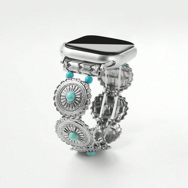 Boho Beaded Bracelet Compatible With Apple Watch Band 38/40/41/42/44/45/46/49mm, Bohemian Vintage Antique Style Western Turquoise Handmade Stretchy Strap For Apple Watch Bands Series Ultra 2/1 SE 10 9 8 7 6 5 4 3 2 1