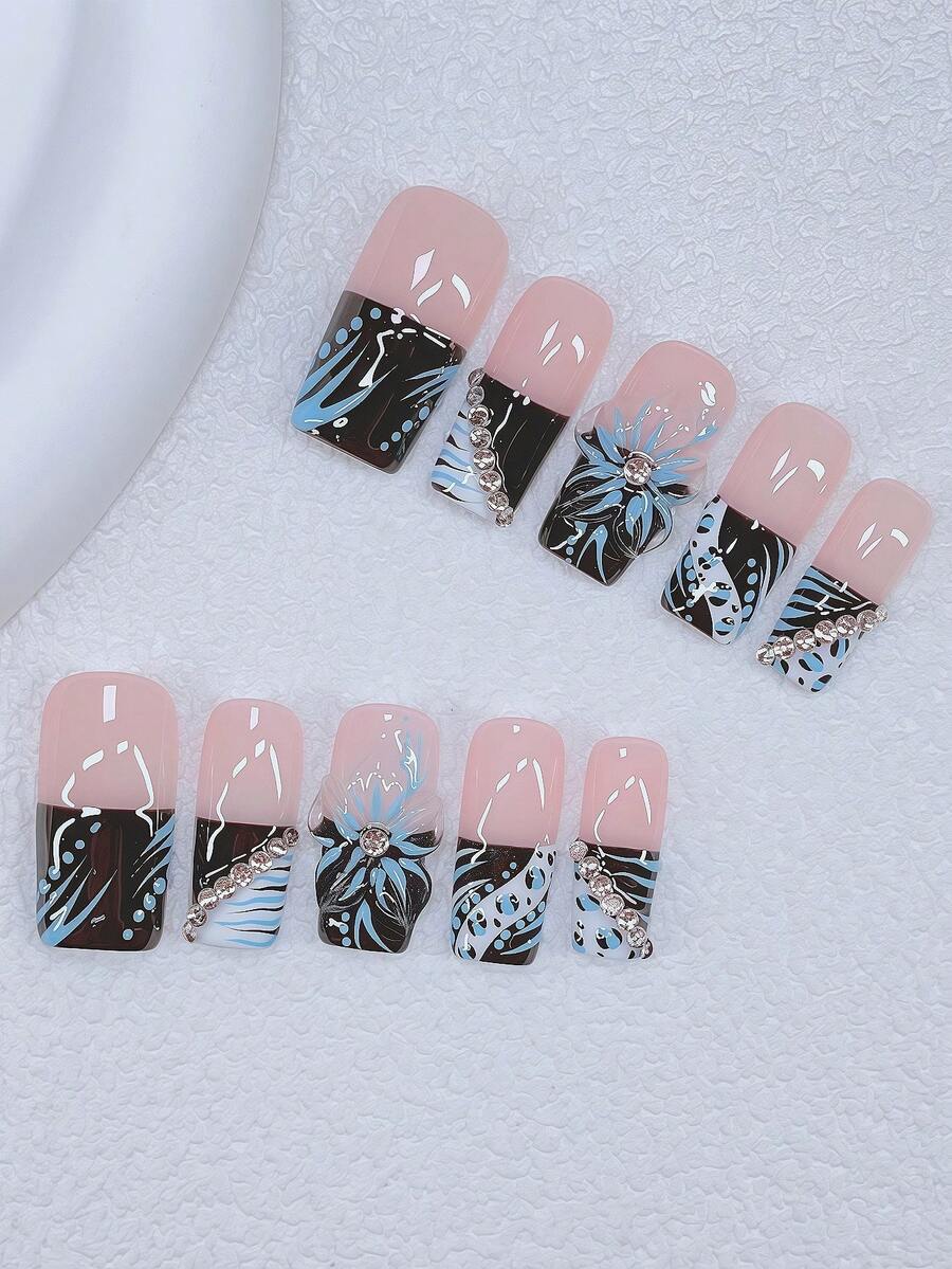10 件 Y2K Nails 管状按压指甲套装 - 手工制作，黑色指甲，法式黑白渐变，手工 3D 花朵，蓝色花蕊，手绘蓝色花枝和蓝色斑马纹，手绘图案设计，闪亮水钻点缀 - 适合女士和女孩，派对、婚礼、日常佩戴，包含工具包。DIY 美甲。方形指甲。手工按压指甲。假指甲。美甲用品 - 彩色 - 查看 1