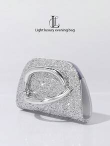 1pc Women's Fashionable Retro Metal Handle Evening Clutch Bag, Luxury Elegant Sparkling Rhinestone Sequin Decor, Metal Details Box-Shaped Bag With Detachable Metal Chain Strap, Suitable For Wedding, Party, Prom, Nightclub, Formal Occasions, Dress Up, Wallet, Evening Bag - Silver - View 9