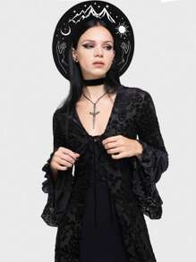 BREITER 1 件女式 Y2K 复古哥特式女巫帽,黑色印花涤纶毡帽,带有精致五角星和蕾丝花边,适合万圣节、圣诞节、化妆舞会、节日礼物 - 平簷禮帽 - 查看 7