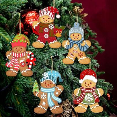 Set de 12 adornos colgantes de hombrecillos de jengibre de madera vintage, decoración navideña para el árbol, decoración del hogar para celebraciones festivas