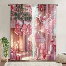 2 piezas Cortinas navideñas con estampado de duendes y calcetines rosas - Diseño de cuento de hadas divertido con calcetines, regalos y decoración navideña - Lavable a máquina, para sala de estar, cocina, comedor, decoración navideña (Barra no incluida), Cortinas navideñas, Decoraciones navideñas, Decoración navideña, Decoraciones navideñas para el hogar