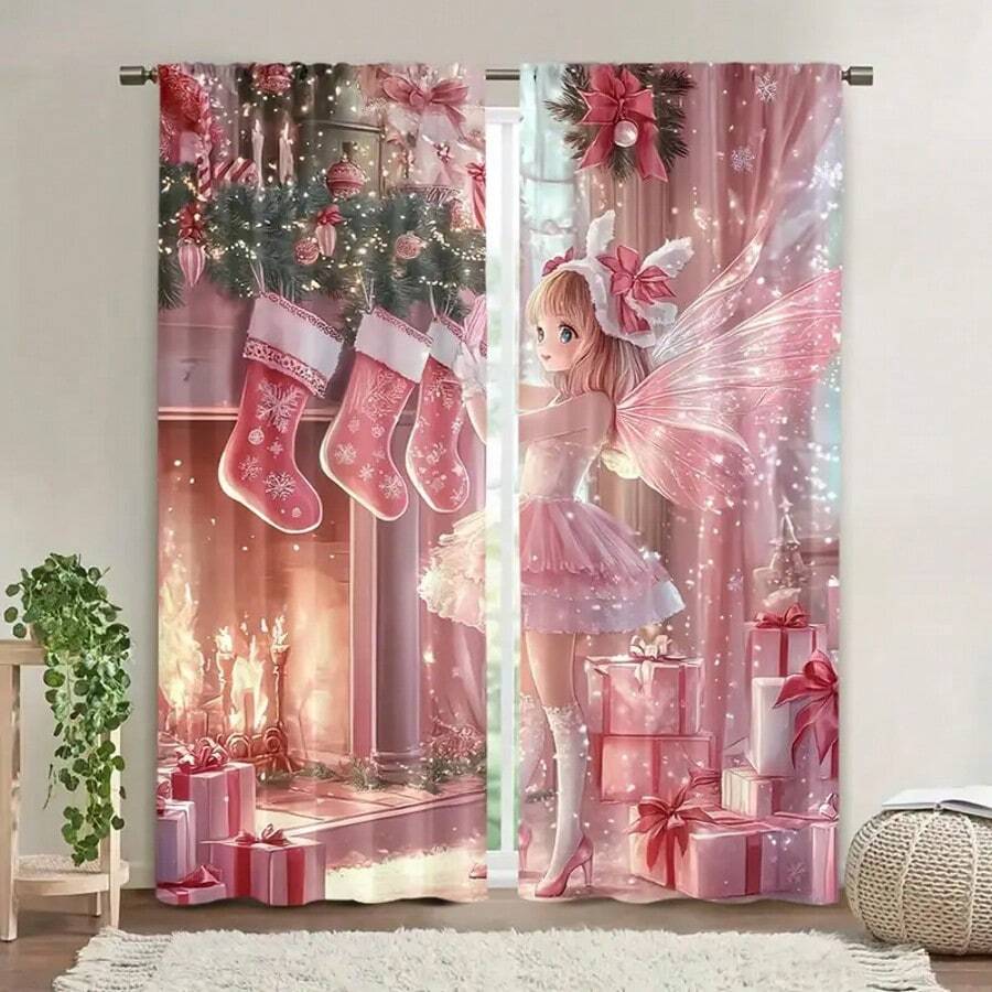 2 piezas Cortinas navideñas con estampado de duendes y calcetines rosas - Diseño de cuento de hadas divertido con calcetines, regalos y decoración navideña - Lavable a máquina, para sala de estar, cocina, comedor, decoración navideña (Barra no incluida), Cortinas navideñas, Decoraciones navideñas, Decoración navideña, Decoraciones navideñas para el hogar