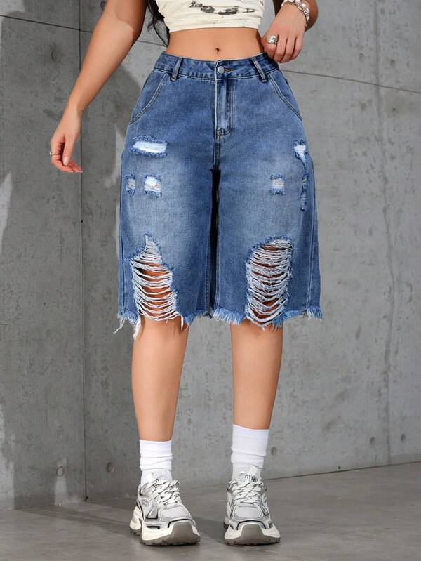 Washed Ombre Distressed Loose Denim Capri Shorts