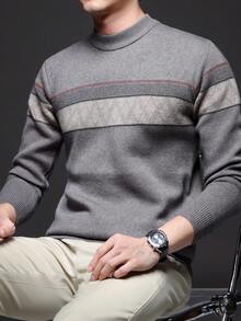 Men's Thick V-Neck Jacquard Sweater, Casual Business Commute Long Sleeve Pullover, Suitable For Layering Or Outerwear, Autumn/Winter - Light Grey - View 2