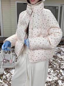 Winter Women Casual Loose Puffer Jacket Long Sleeve Floral Printed Stand Collar Short Pockets Padded Coat Korean Fashion Party Coats Christmas Outerwear Female Clothes Birthday Outfits