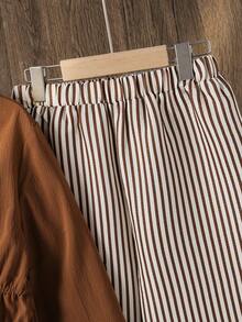 Left Mama Girls' Casual Bow V-Neck Long Sleeve Top And Striped Straight Pants Set, Spring/Autumn