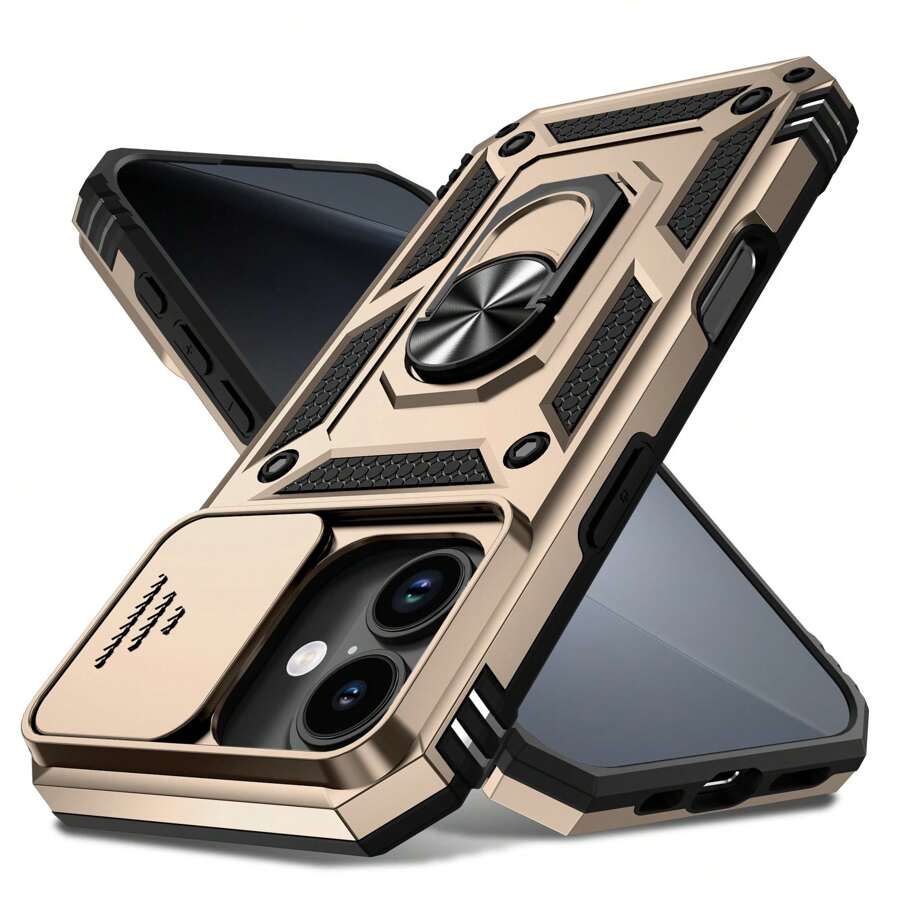 360 度旋转环支架镜头保护手机壳，防摔防震手机壳兼容 11/12/13/14/15/16 Pro Max、Galaxy S22/23/24/25+ Ultra、A04/A05/A14/A15/A24/A25/A34/A54/A56/A36/A26 防水防刮 - 金色 - 查看 1