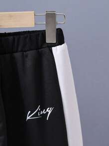 青少年男孩字母印花拼色圆领运动衫和运动裤套装，秋季