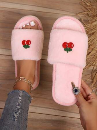 Women's Casual Cute Fruit Cherry Embroidered Plush Open Toe Soft Comfortable Slip-On Slippers, Lightweight For Home Wear, Suitable For Living Room And Bedroom, Autumn/Winter, Wedding Season, Halloween