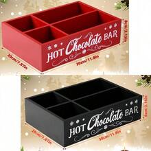 1PC Hot Cocoa Bar Wood Station Organizer Countertop With 4 Compartment Cocoa Decorative Storage Bins Vintage Open Holder Box For Xmas Holiday Gift Party Home Supplies (Black And Red Available )