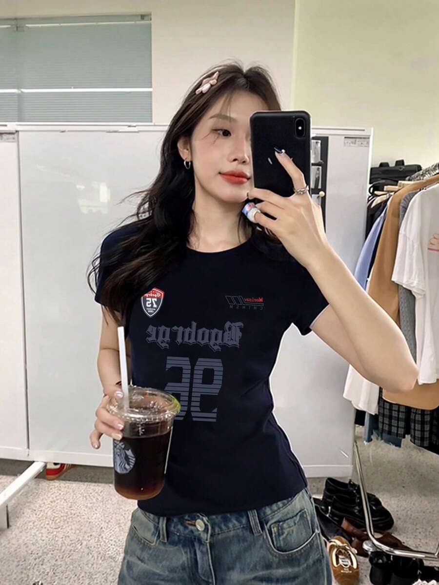 美式修身短袖T恤，女士夏季款，独特印花图案，休闲时尚黑色 - 黑色 - 查看 1