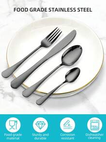 不锈钢餐具套装，4/16/24件套，金色/银色/黑色餐具套装 - 包括餐叉、餐勺和茶匙，沙拉叉可用于沙拉/开胃菜/甜点，迷你勺可用于茶/甜点/蛋糕/搅拌/水果/冰淇淋，可重复使用的汤匙和茶匙，适用于家庭、厨房、酒吧、餐厅、酒店。