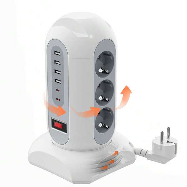 Ciabatta elettrica multifunzione standard europea, cavo di prolunga retrattile da 1,65 m, doppio supporto per telefono in cima, 9 prese AC, 4 USB-A, 2 USB-C, protezione da sovraccarico, 2500W, adatta per officina, ufficio, soggiorno, camera da letto, studio