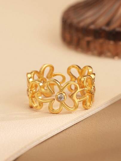 1pc S925 Sterling Silver Hollow Clover Flower Cubic Zirconia Adjustable Open Ring, Minimalist Fashion Versatile Unique Jewelry Gift For Women