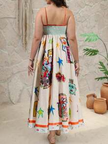 Truni Vestido tipo línea A de estilo bohemio con estampado digital de retazos y tirantes ajustables para mujer talla grande, para primavera y verano