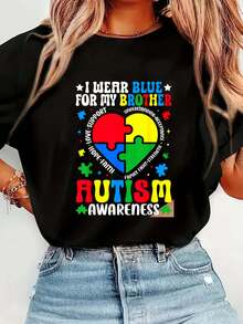 100% Cotton I Wear Blue For My Brother Autism Awareness Autism Brother T-Shirt Women's Men's Streetwear Graphic Tee Black Crew Neck Vacation Tops - 黑色 - 查看 1