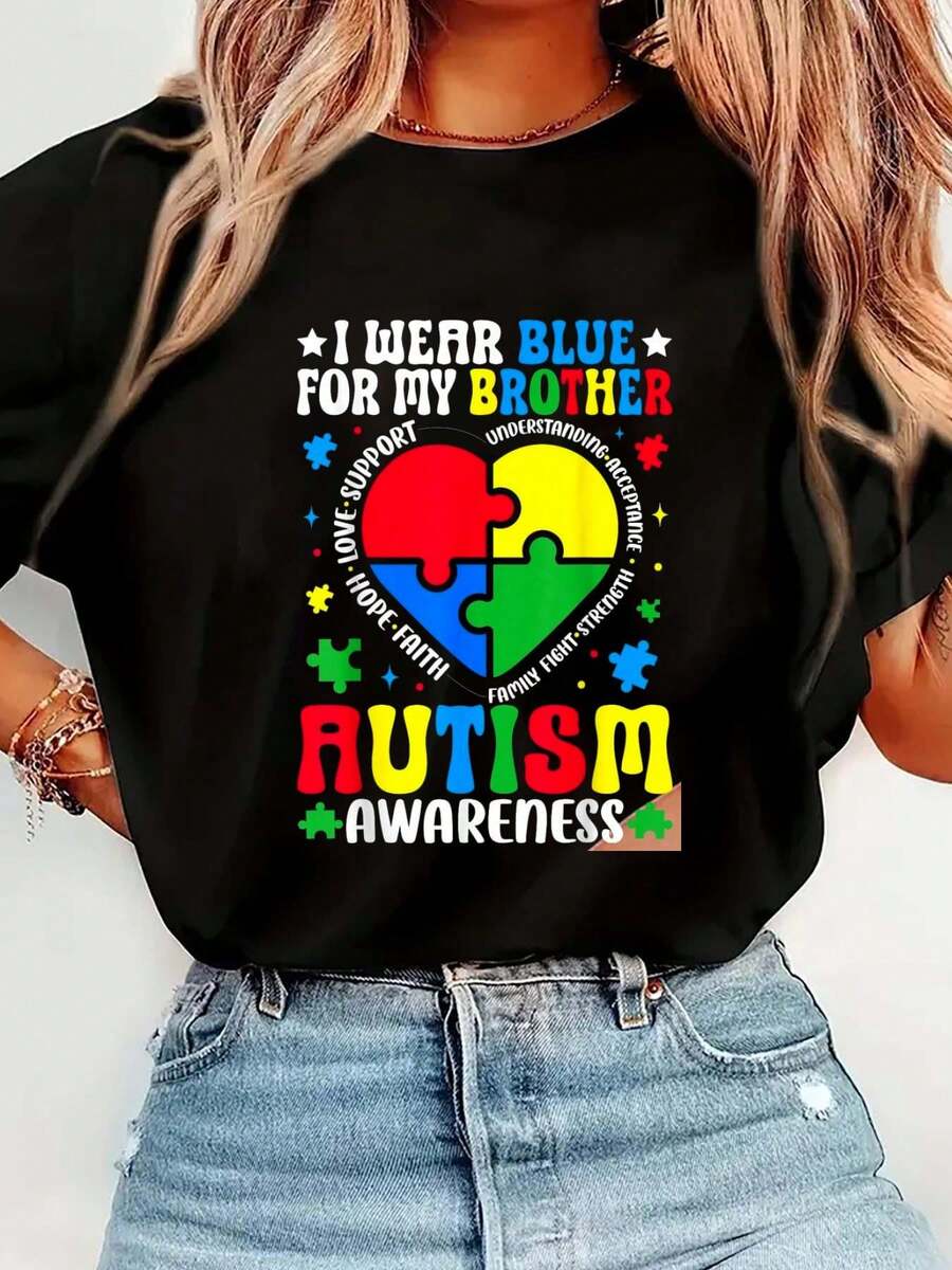 100% Cotton I Wear Blue For My Brother Autism Awareness Autism Brother T-Shirt Women's Men's Streetwear Graphic Tee Black Crew Neck Vacation Tops - 黑色 - 查看 1