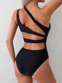 Women One Shoulder One Piece Swimsuit Tummy Control Bathing Suits Modest Full Coverage Cutout Swimwear - Black - View 3