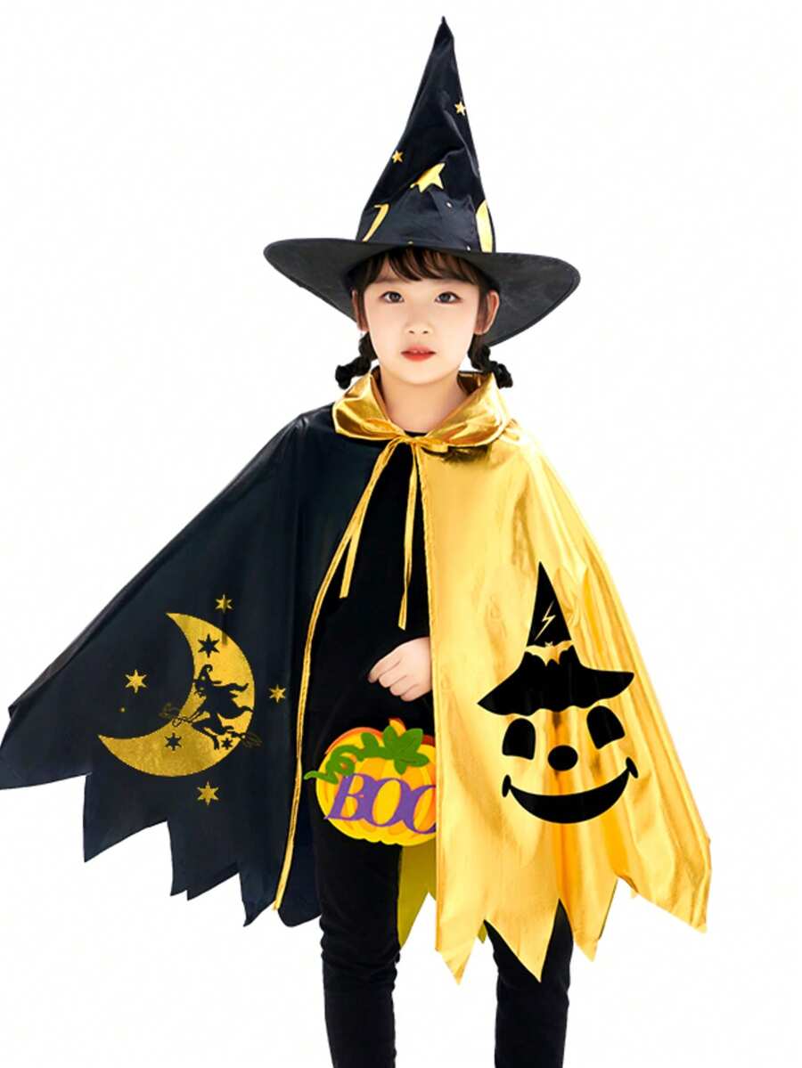 儿童黑金色女巫斗篷、圣诞南瓜斗篷，适合狂欢节派对装扮（注意：只有斗篷，没有道具南瓜/南瓜袋/女巫扫帚等） - 彩色 - 查看 1