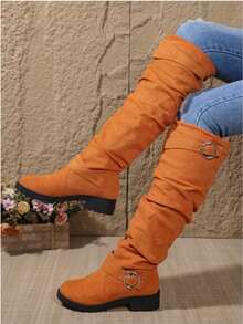 New Autumn And Winter Women's Shoes, Ruffled Low - Heel Western Cowboy Boots With Belt Buckles. These Are Long Boots With Thick Heels, Slimming Long Tubes. They Are Sports - Casual Knee - High And Thigh - High Boots, Versatile And Sexy Autumn And Winter Cowboy Boots. - 橘色 - 查看 1