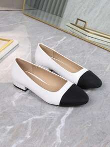 女士低跟鞋，时尚百搭复古风优雅法式休闲平底鞋，撞色设计 - 白色 - 查看 16