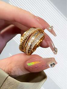 1 件奢华多层环绕开口戒指，镶嵌锆石，简约时尚高端个性化可调节百搭戒指 - 香檳金色 - 查看 4