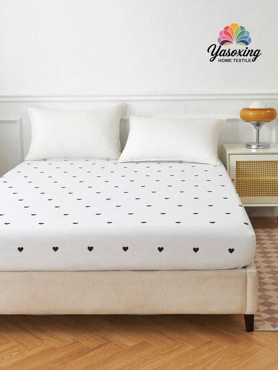 1pc Polyester White Fitted Sheet With Black Heart Pattern, Single Bed Size - White - View 1
