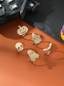 5pcs Women's Halloween Open Ring Set, Cute Ghost Pumpkin Skull Bat & Witch Hat Rings, Silver Gold Spooky Gothic Jewelry For Party & Cosplay - Halloween - View 2