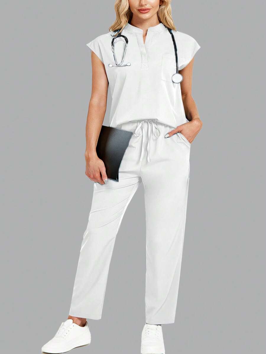 cimmuovere Conjunto de uniforme de top holgado sin mangas de cuello alto y pantalones con múltiples bolsillos prácticos para tallas grandes - Blanco - Ver 1
