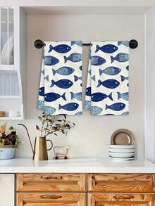 1/2/4条装厨房毛巾，高吸水性，涤纶材质，蓝白鱼图案，是假日农舍厨房和浴室装饰、秋季装饰、房间装饰的理想之选。 - 藍色 - 查看 4