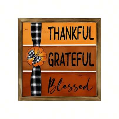 1 Piece Autumn Decorative Thanksgiving Blessing Wooden Plaque Sign Desktop Decoration, Autumn Home Decor, Plaid Bow Pumpkin Harvest Thanksgiving Decoration Autumn Home Shelf Office Decor, Decorative Plaque & Ornament